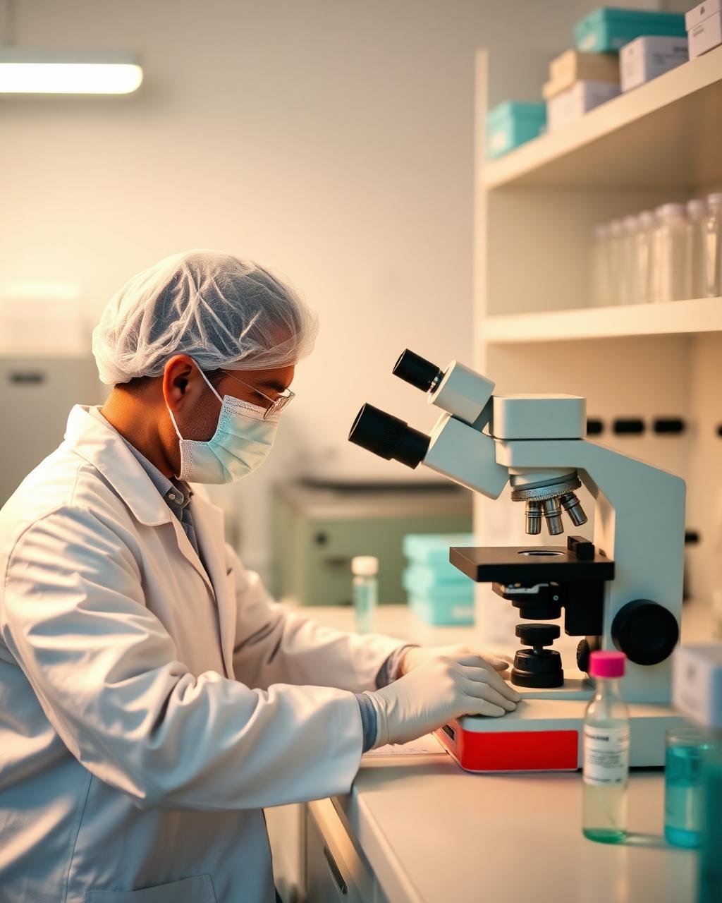 Embriologista analisando amostra seminal ao microscópio em laboratório
