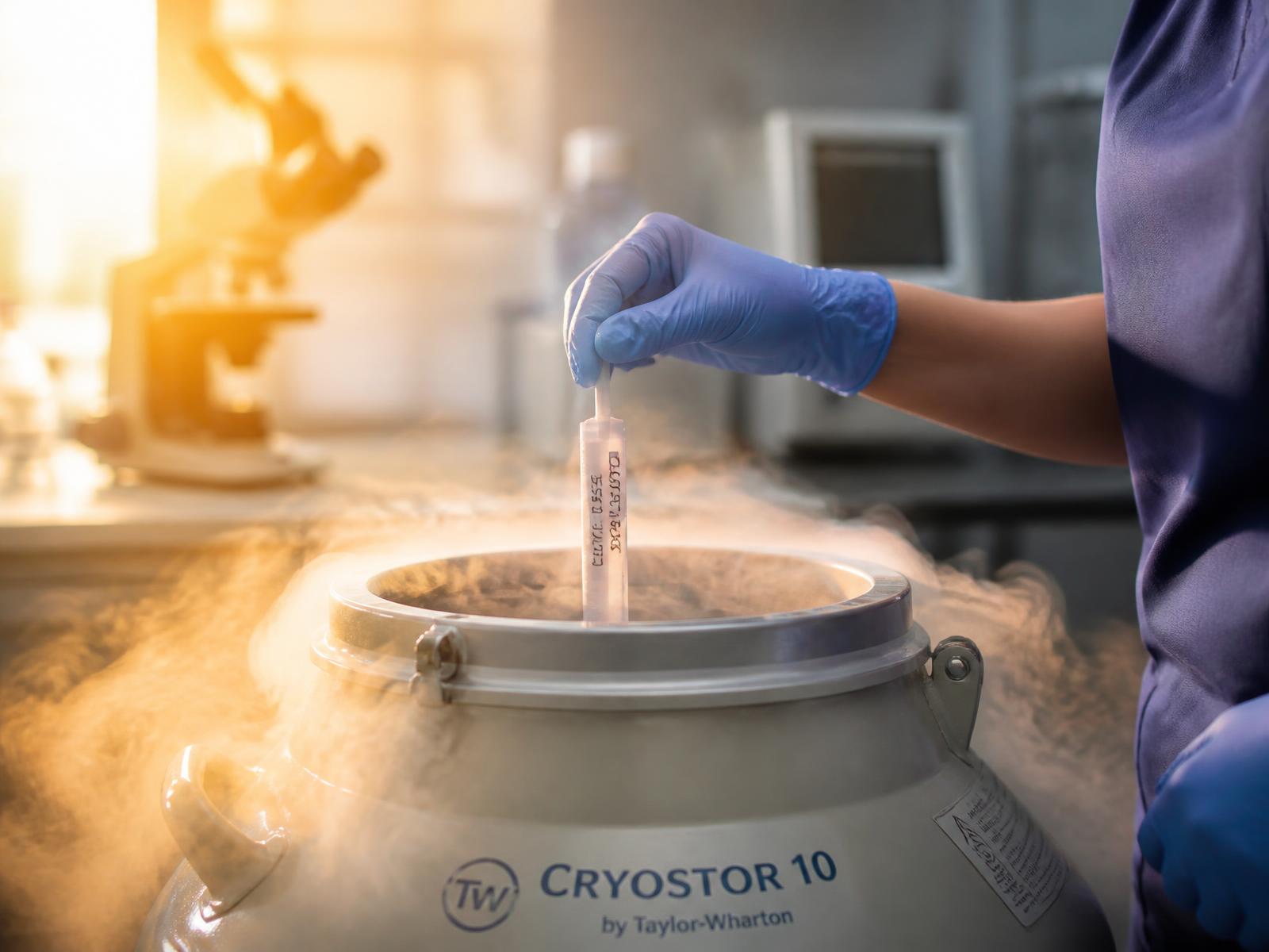 Tanque de nitrogênio líquido durante criopreservação em laboratório de embriologia