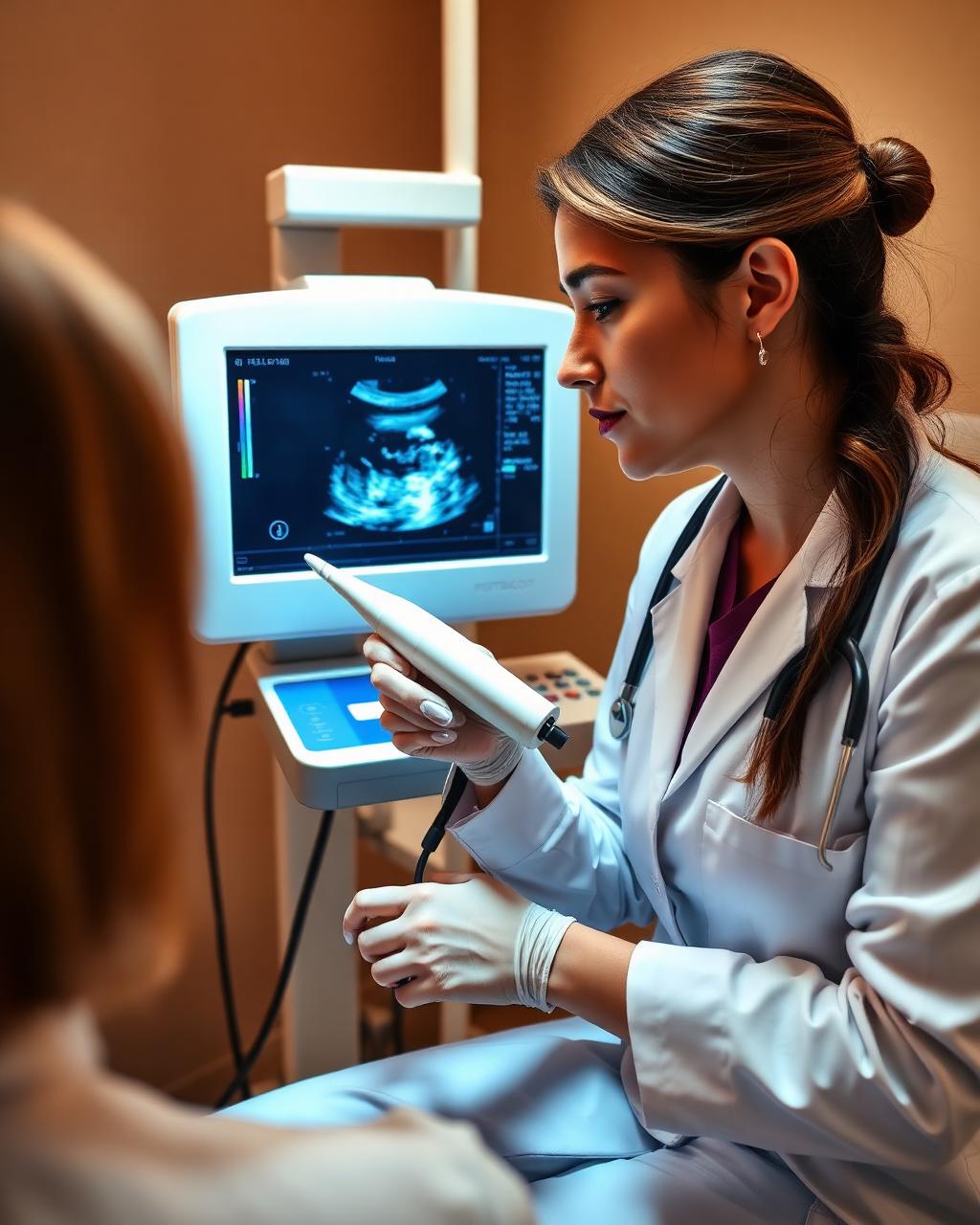 Médica realizando ultrassom para monitoramento da ovulação