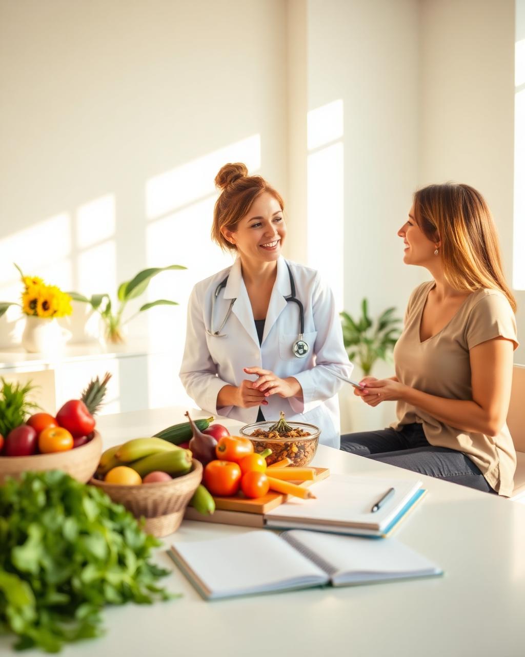 Nutricionista em consulta com paciente e alimentos frescos sobre a mesa