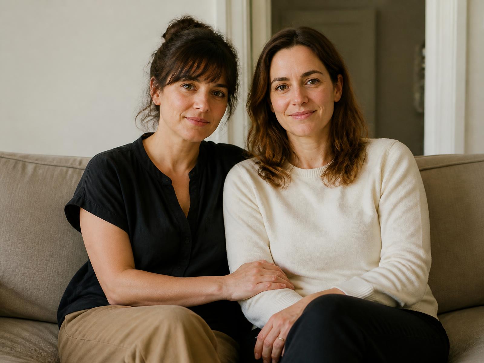 Casal de mulheres sentado lado a lado, em ambiente doméstico com luz natural