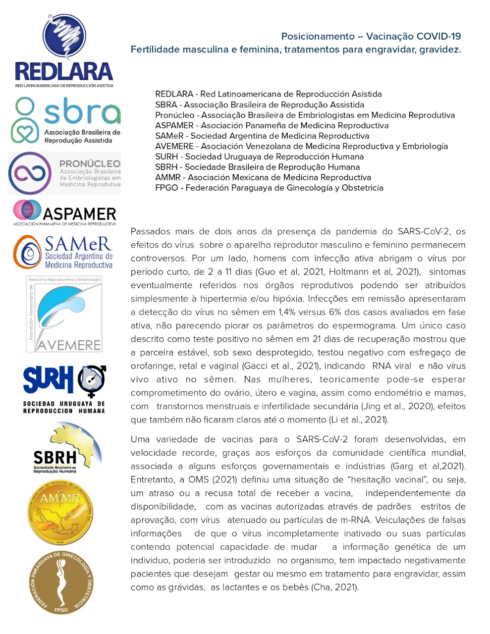 Posicionamento – Vacinação COVID-19 Fertilidade masculina e feminina, tratamentos para engravidar, gravidez.
